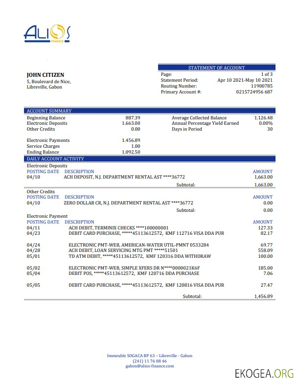 Modèle de relevé bancaire Gabon Alios Finance, format Word et PDF